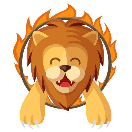Colorful cartoon trained lion jumping through the fire ring. Circus magic show happy and cute lion character flat vector illustration.のイラスト素材