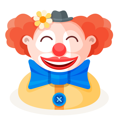 Colorful cartoon happy cute redhead clown character in funny small hat with flower, big bow and red nose. Circus show artist flat vector illustration.のイラスト素材