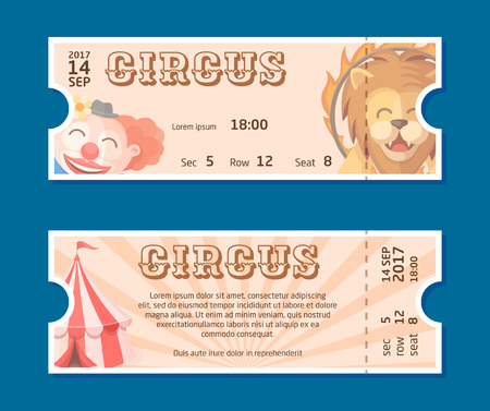 Circus show entrance tickets template.Colorful horizontal vector pass in cartoon flat style with trained lion, clown and circus tent. Front and back side of ticket illustrationのイラスト素材