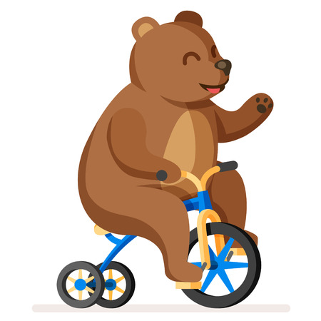 Colorful happy and cute bear on bicycle. Trained funny circus bear artist riding bike character. Magic circus show flat cartoon illustration.のイラスト素材