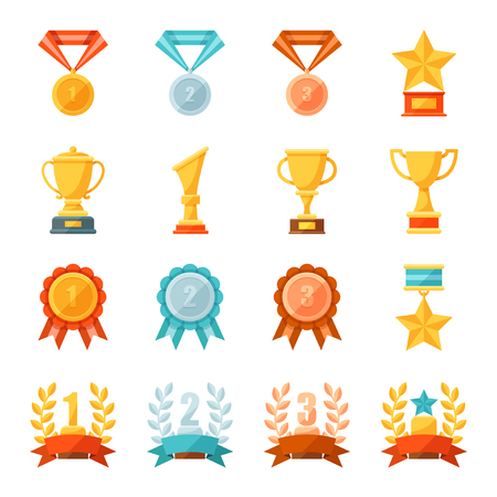 Cartoon business and sport awards and trophy illustration set, Colorful flat vector icons of golden, bronze and silver medals, cups, and bowls, Prize and achievement concept.のイラスト素材