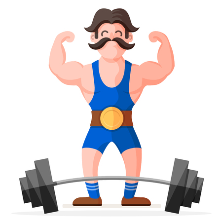 Retro style circus strong man with mustache character with heavy metal barbell. Funny muscular bodybuilder colorful cartoon flat vector illustrationのイラスト素材