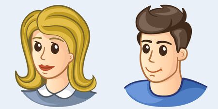 Young man and woman faces colorful icons. Vector male and female avatars illustration.のイラスト素材