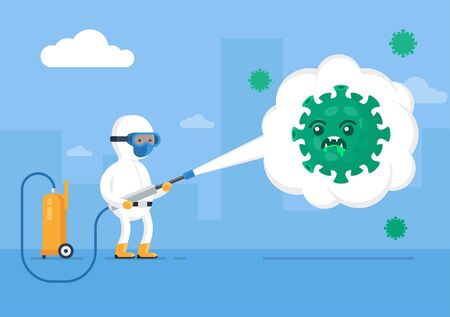 A brave man in a protective hazmat suit and gas mask fights an evil coronavirus. Prevention of the spread of the covid 19 pandemic and street disinfection. Spraying pesticides flat vector illustration.のイラスト素材