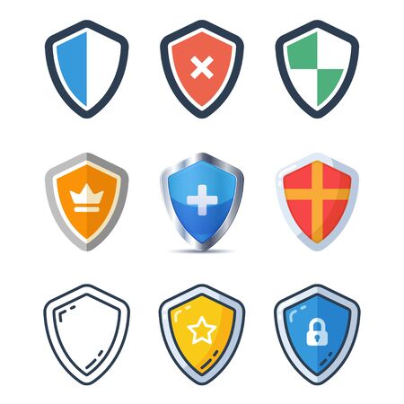 Set of shield icons in different styles. Flat and realistic vector illustration. Protection and security concept.のイラスト素材