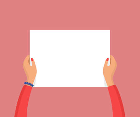 Woman hands holding empty blank white placard. Protest or advertisement concept. Flat  illustration.のイラスト素材