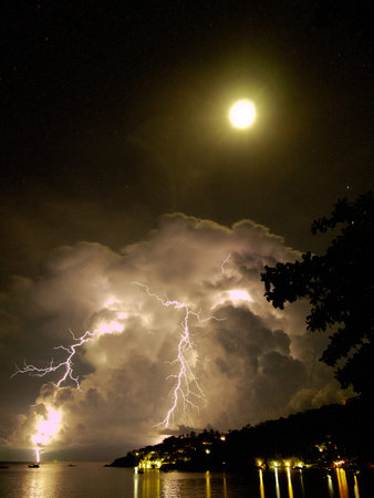 thunderbolt at night on the sea with cloudy sky
