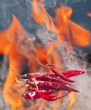 hot and spicy dried chili with flame backgroundの写真素材