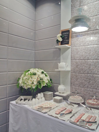 set of tea table and pastryの写真素材