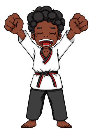 Taekwondo boy with black belt and red pants. Vector illustration.のイラスト素材