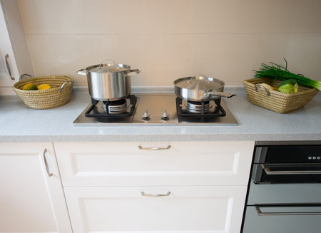 interior design of clean modern white and black kitchen.の写真素材