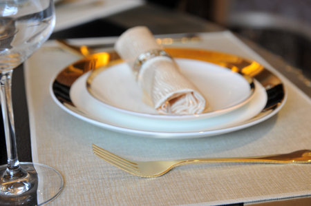 fork and knife on a napkin with plate. 
