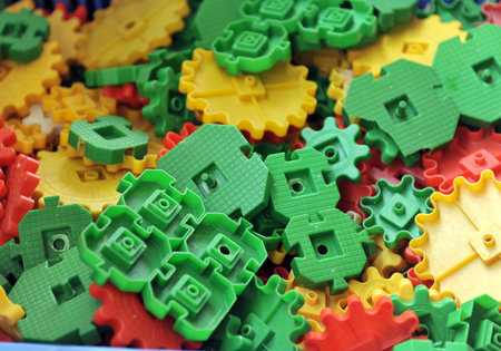 Plastic toy blocks on white background の写真素材