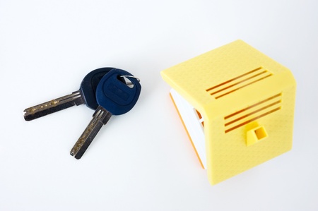 Concept image of a house and keys isolated on white background. The miniature model house with house keys beside it. 
の写真素材