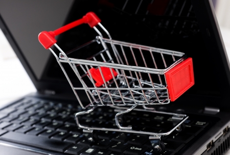 empty shopping cart on the laptop, on-line shopping concept.の写真素材