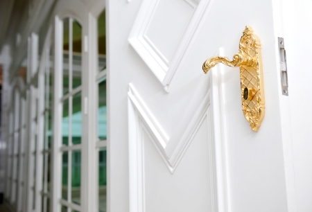 Close up of antique gold plated door handle on the white door.
の写真素材