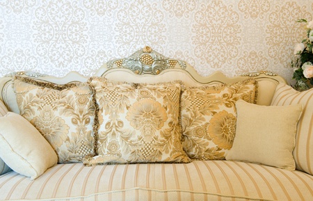 Modern sofa with three cushions in front of beautiful wallpaper.
の写真素材