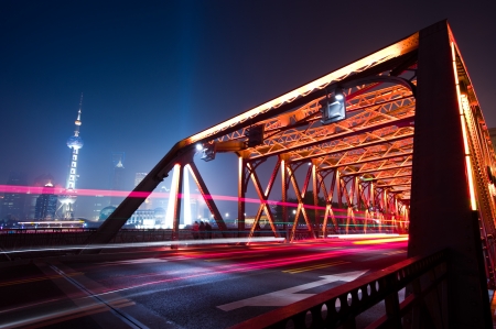 Night traffic lights inside of the Garden Bridge of shanghai china. 
のeditorial素材