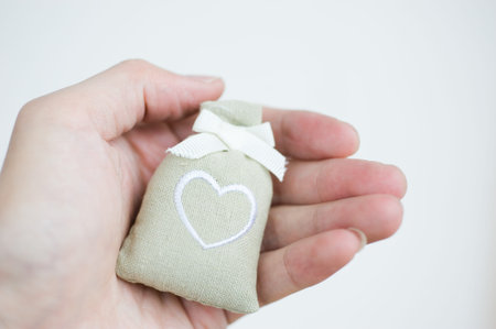 two bag with heart symbol on hand.  の写真素材