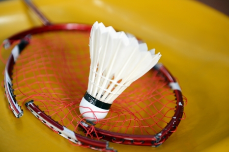 shuttlecock and broken racket at badminton courts. の写真素材