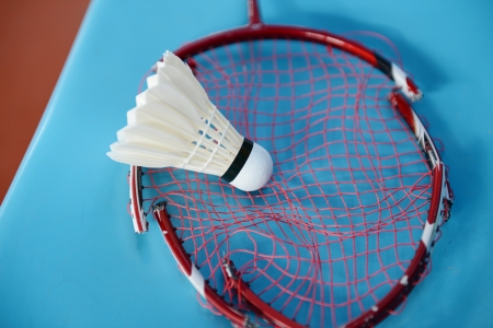 shuttlecock and broken racket at badminton courts. の写真素材