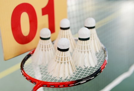 detail of shuttlecocks and badminton racket.の写真素材