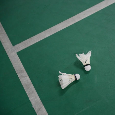 Shuttlecock on the bodminton court floor. の写真素材