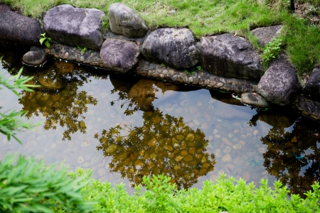 garden with stones, water and bushes の写真素材