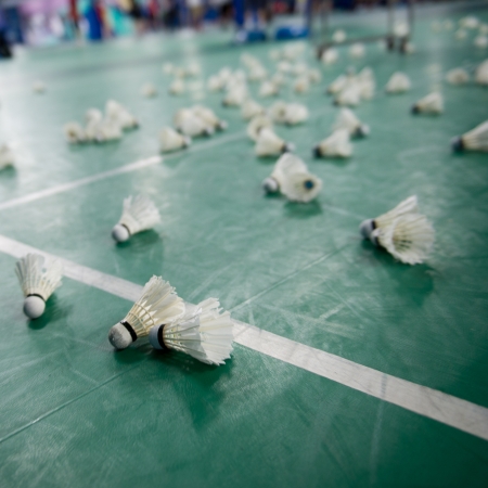 Shuttlecocks on the bodminton court floor.のeditorial素材