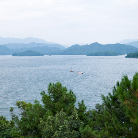 scene of the mountains surround lake.の写真素材