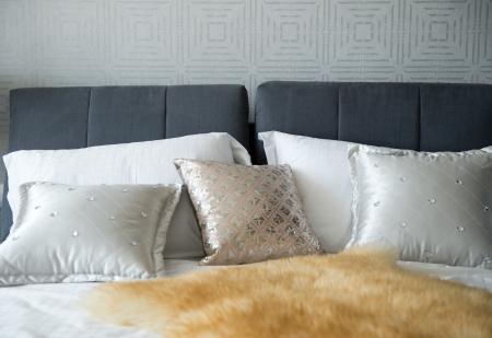 King sized bed in a business hotel room.の写真素材