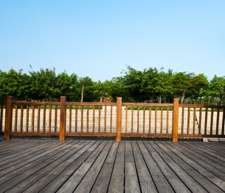 Blue sky and wood floor backgroundの写真素材