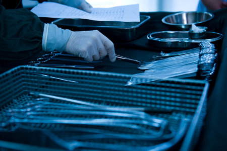 medical instruments with surgeons hand in operation roomの写真素材