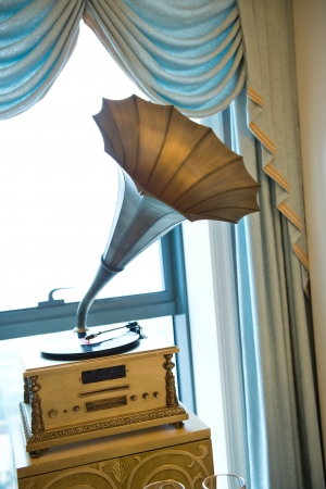 Modern interior with vintage gramophone record playerの写真素材