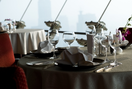 Table set for an elegant dinner.の写真素材
