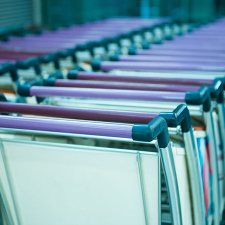 Many empty shopping carts in a row.