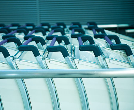 Many empty shopping carts in a row.
