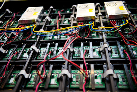 Server front side showing colorful switches and wiring.