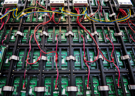 Server front side showing colorful switches and wiring.