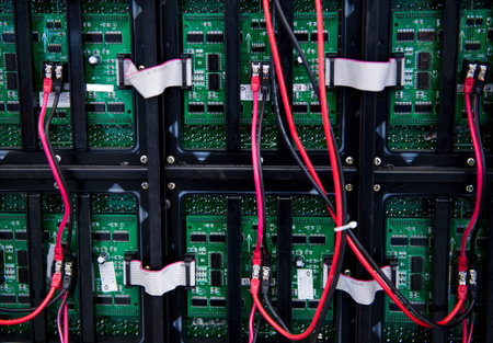 Server front side showing colorful switches and wiring.