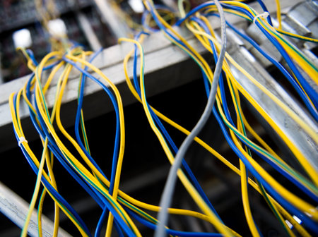 Server front side showing colorful switches and wiring.