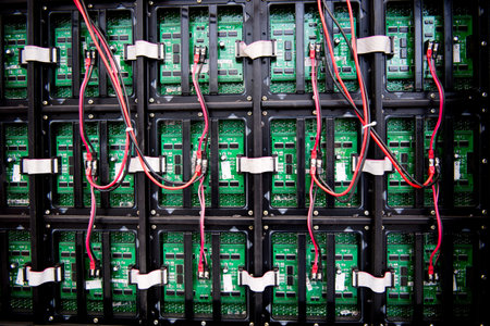 Server front side showing colorful switches and wiring.