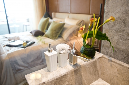 Modern hotel room with bath room.の写真素材