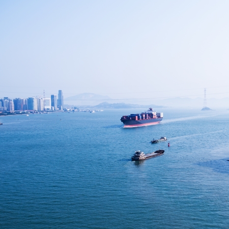 Large container ship arriving in port.の写真素材
