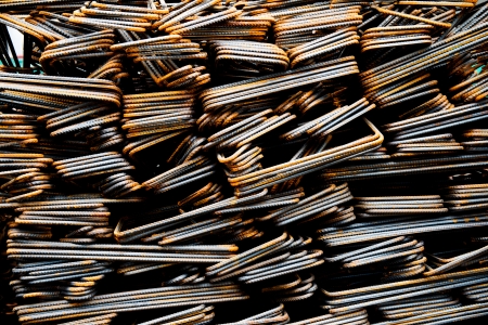 Steel rods or bars used to reinforce concrete.の写真素材