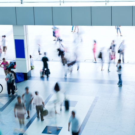 Top view of people crowd in motion at the modern building.の写真素材