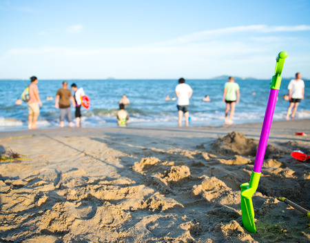 Group of children's beach toys on a sunny day.の写真素材
