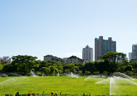 park and modern building in the city.の写真素材