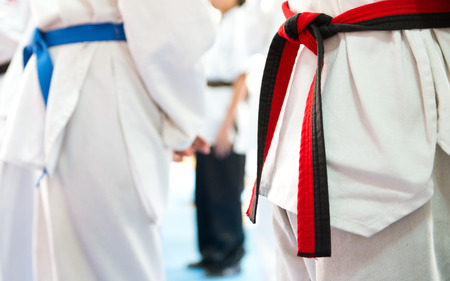 People in martial arts training exercising Taekwondo.の写真素材