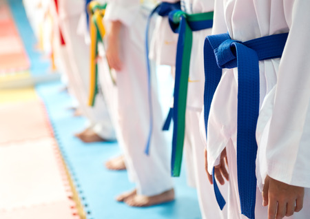 People in martial arts training exercising Taekwondo.の写真素材